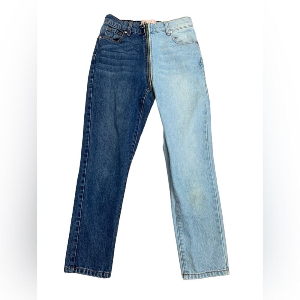 Revice womens size 27 two tone denim zipper blue jeans straight leg